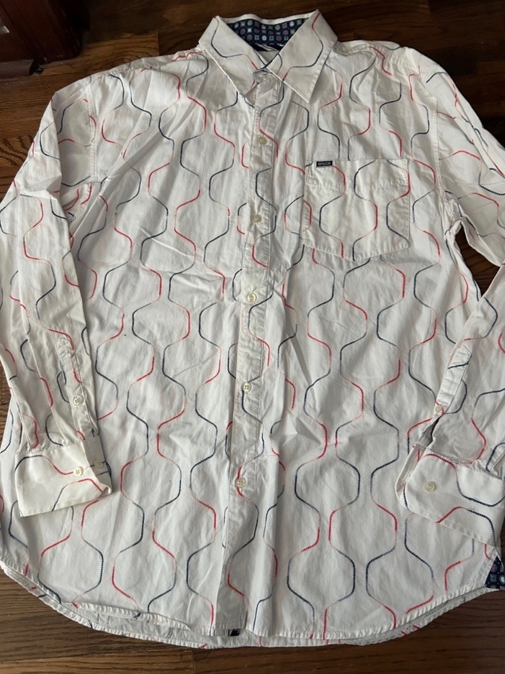 Enyce White Button-Down Shirt with Red & Navy Wave Pattern
